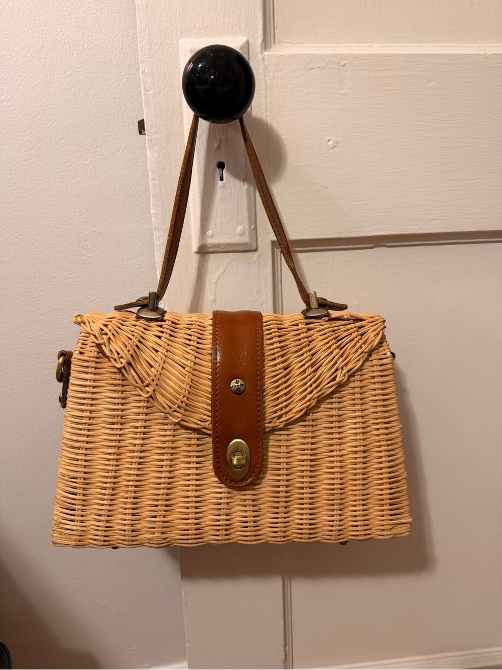 Woven Rattan Handbag with Brown Leather Trim